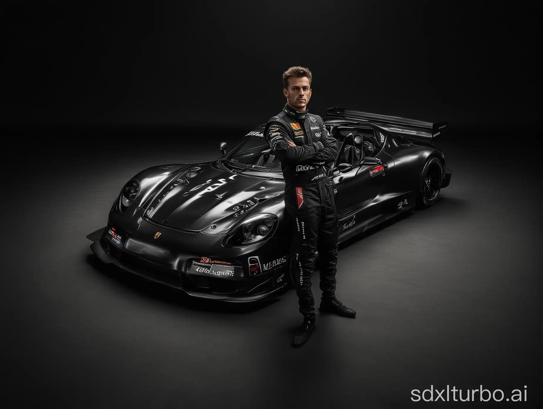 On a black background, a man racer in a black racing suit on a black Porsche