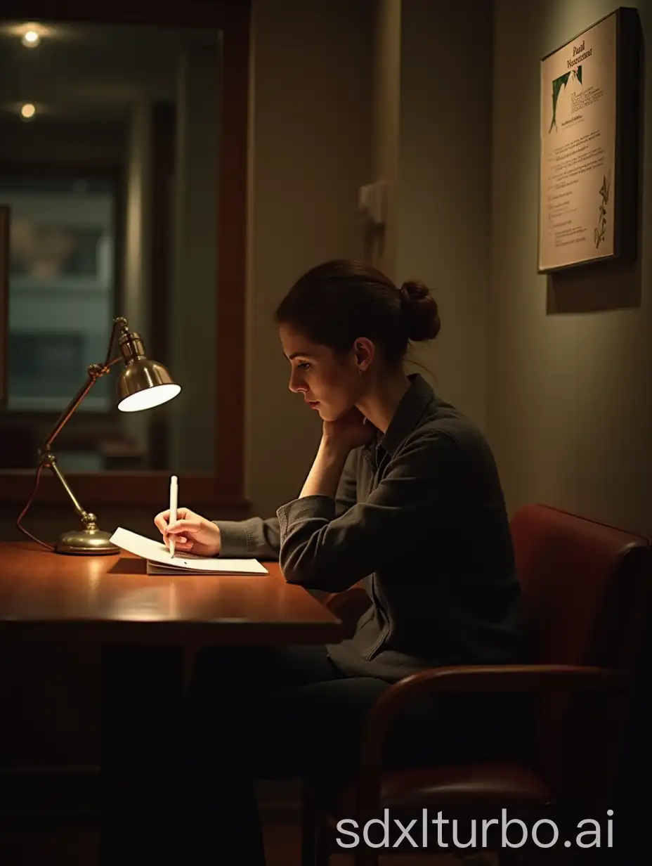 Casual moment of a woman reading a letter in a vintage café, with a warm light lamp on the table.