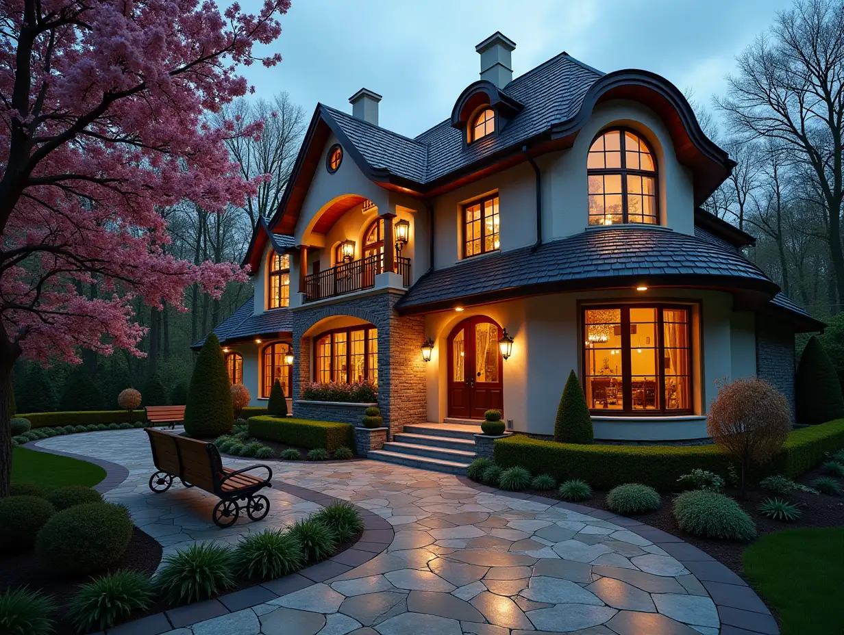 crooked house lit-with stucco in the form of plant ornamentation river, large windows with glass to, curved, smooth window shapes winding grand entrance stairs from marble complex curved roof with dike,Lanterns,bench apple tree 4K resolution colorful superWide-angle shots