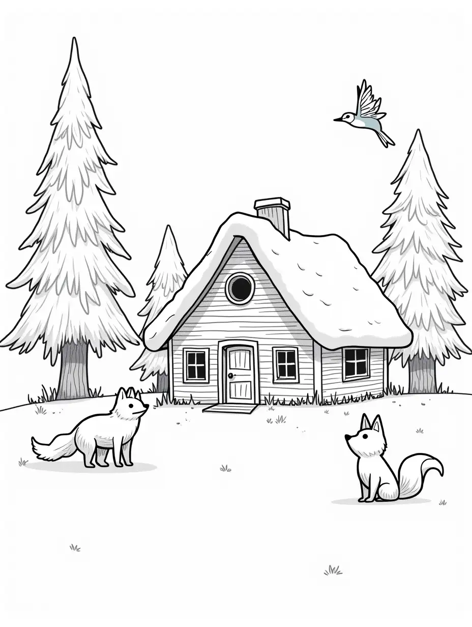 Cozy-Winter-Home-with-Fox-in-Forest-and-Kingfisher-on-Tree-Snowy-Landscape-for-Coloring-Book