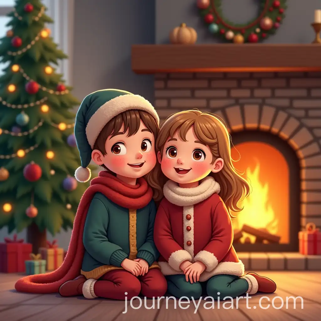 Happy-Boy-and-Girl-Sitting-by-the-Fireplace-in-New-Years-Clothes