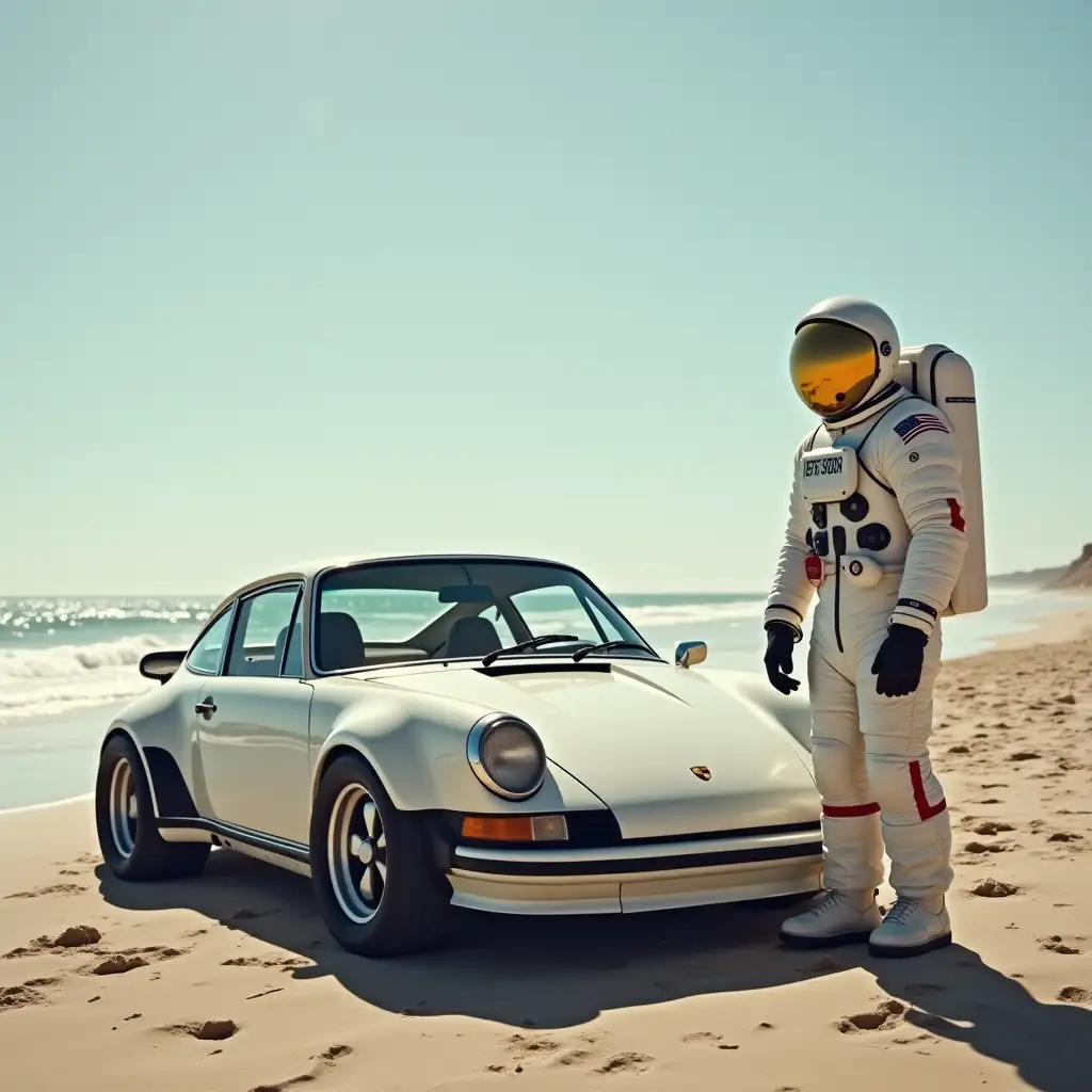 astronaut on the beach with porsche car