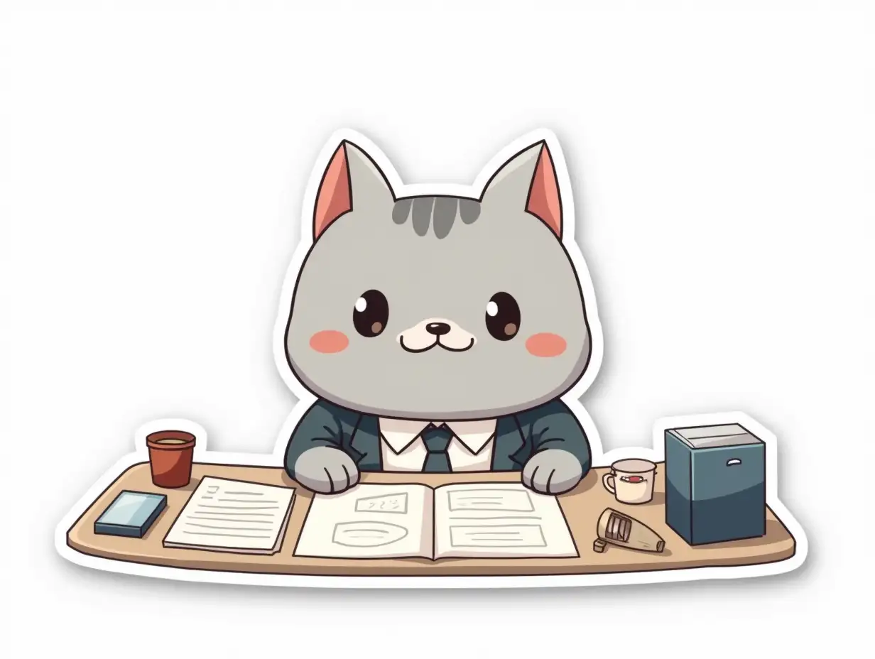 kawaii positive little happy light gray cat in the image of designer in strict office clothes bent over a large table with drawings of technological equipment. die cut sticker design top-view, high resolution, vector art, white background, paint in anime style