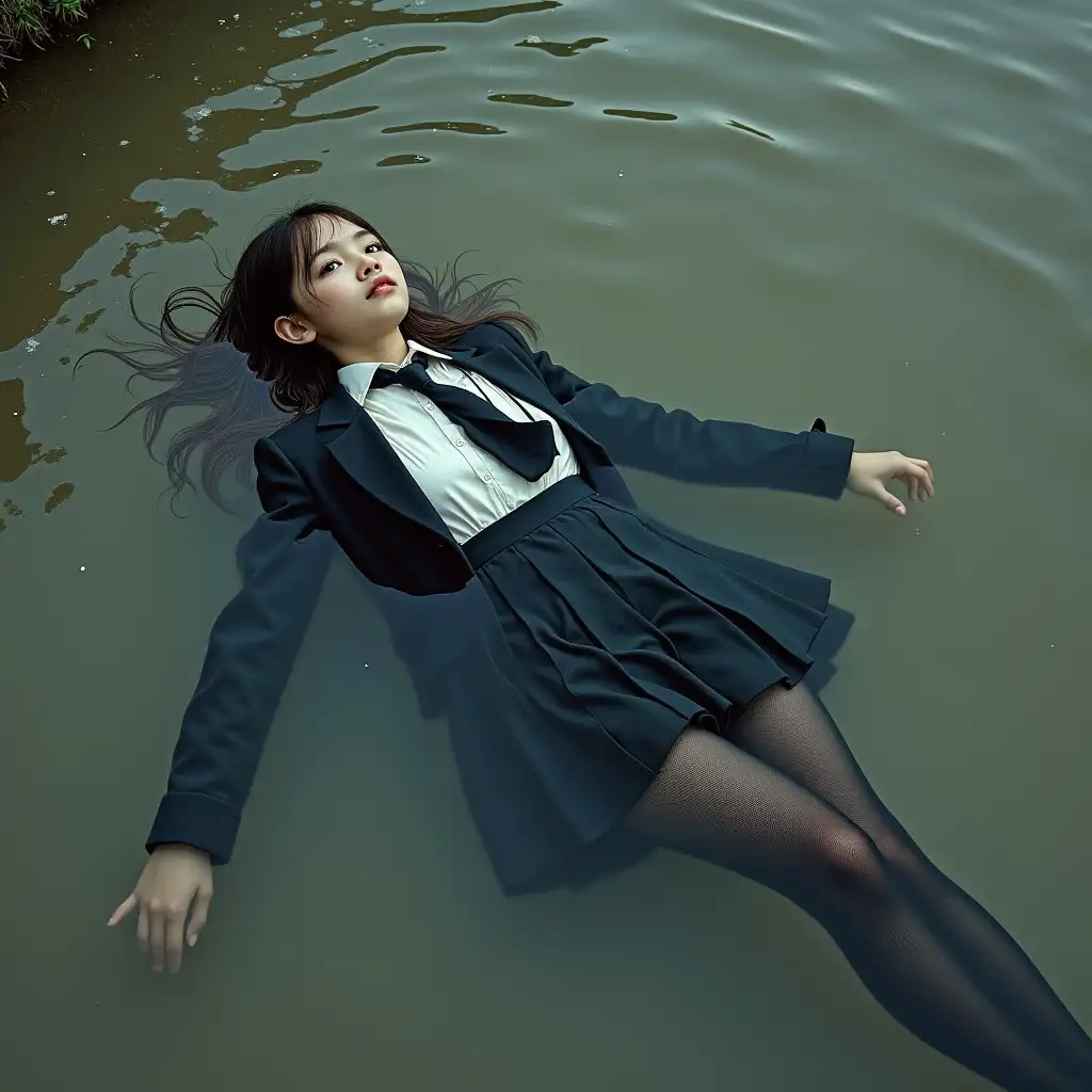 Schoolgirl in a school uniform suit, in a skirt, jacket, blouse, dark tights, high-heeled shoes. She is swimming in a dirty pond, lying underwater, all her clothes are completely wet, wet clothes stick to her body, the whole body is underwater, submerged in water, under the surface of the water, below the water's edge.