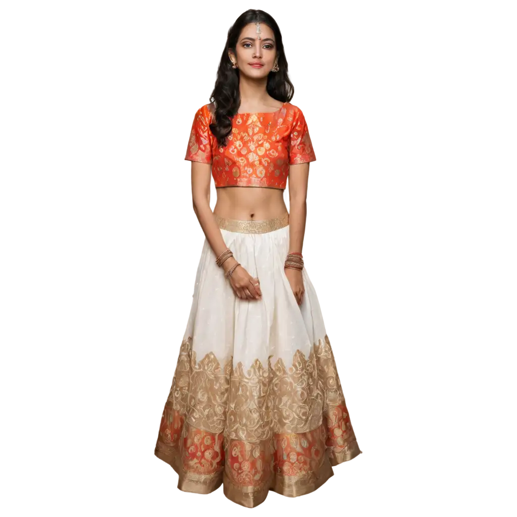 HighResolution-PNG-Image-of-Bride-in-Orange-Blouse-and-White-Skirt-with-Banarasi-Design