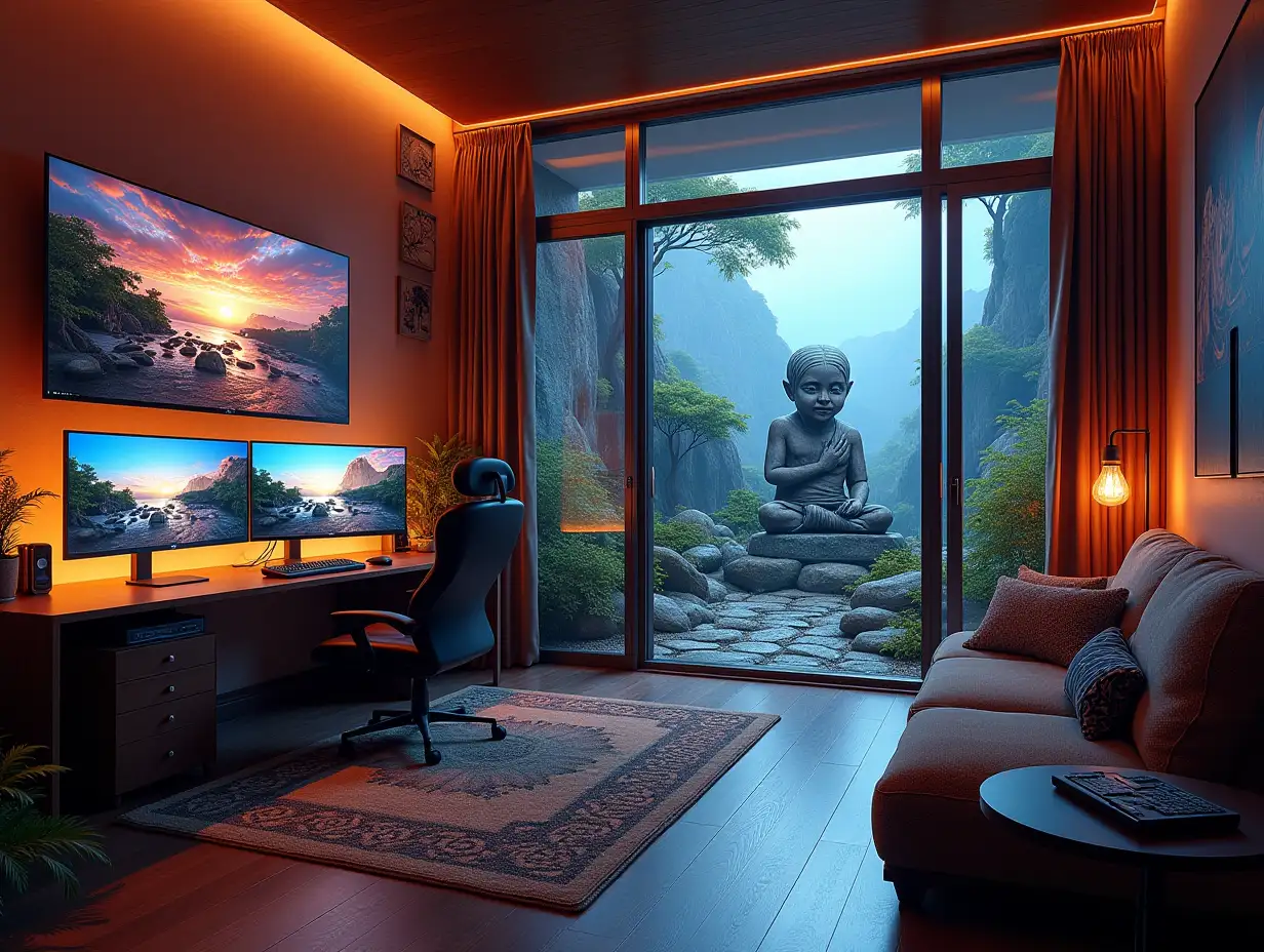 large Gaming room with three monitors, lighting with furniture with large Attack on Titan statue at the Zen-Garden with carefully tended rocks, a meditative 180 Degree shots 8K resolution Vibrant