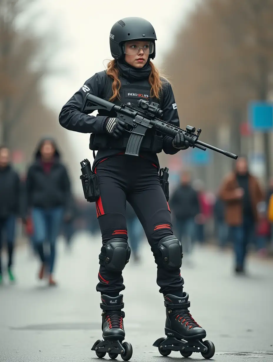 a 17 year old airsoft geared woman at a distance, she is skating on a street, holding a weapon, ordinary people in background, clothes have racing colors, she is wearing lots of functional sportswear, cycling gloves, airsoft helmet with transparent visor over eyes, smartwatch, thick plastic knee pads, modern inline skates with complete organized wheels