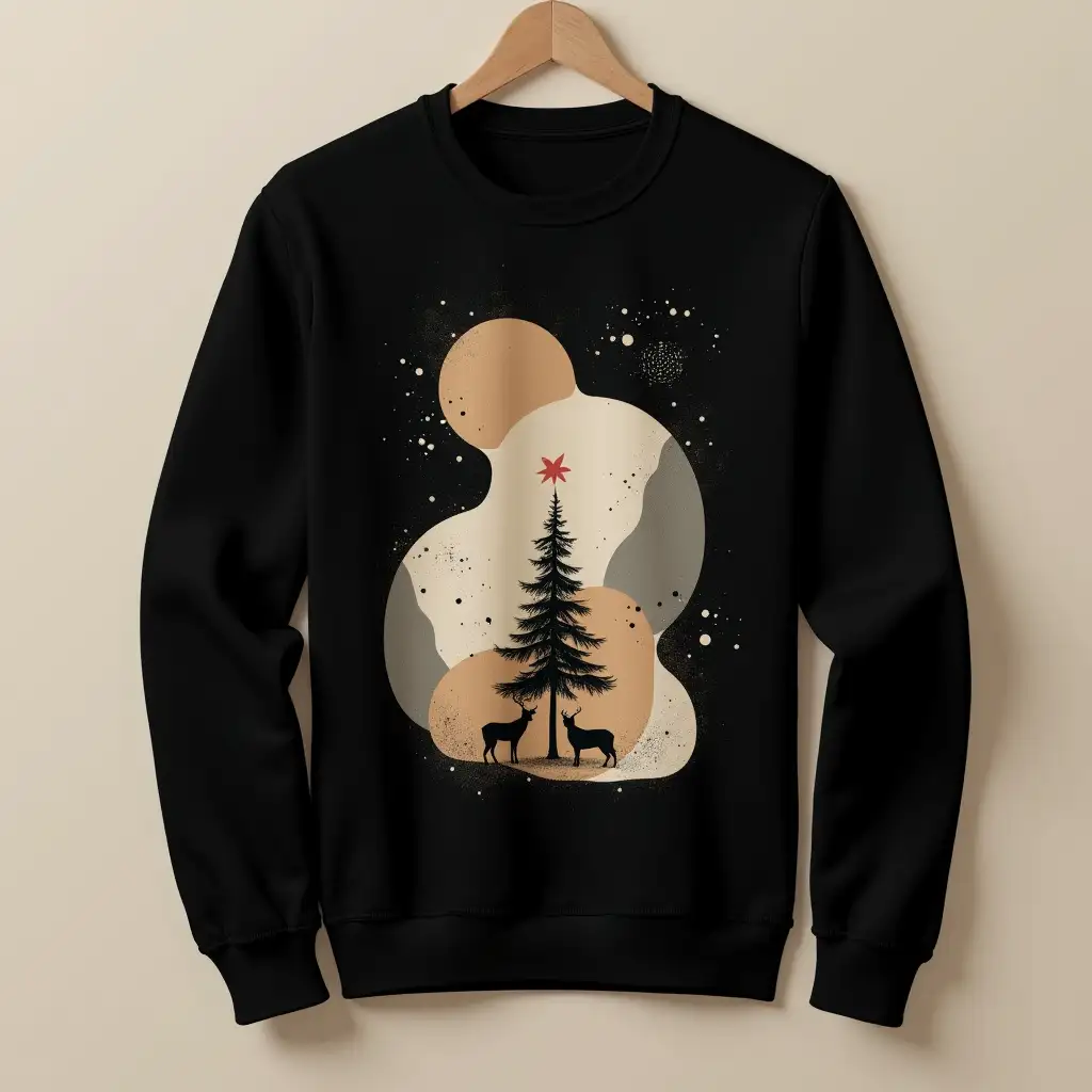 Minimalist-JapaneseScandinavian-Sweatshirt-Design-Featuring-Peace-Symbol-and-Christmas-Scene