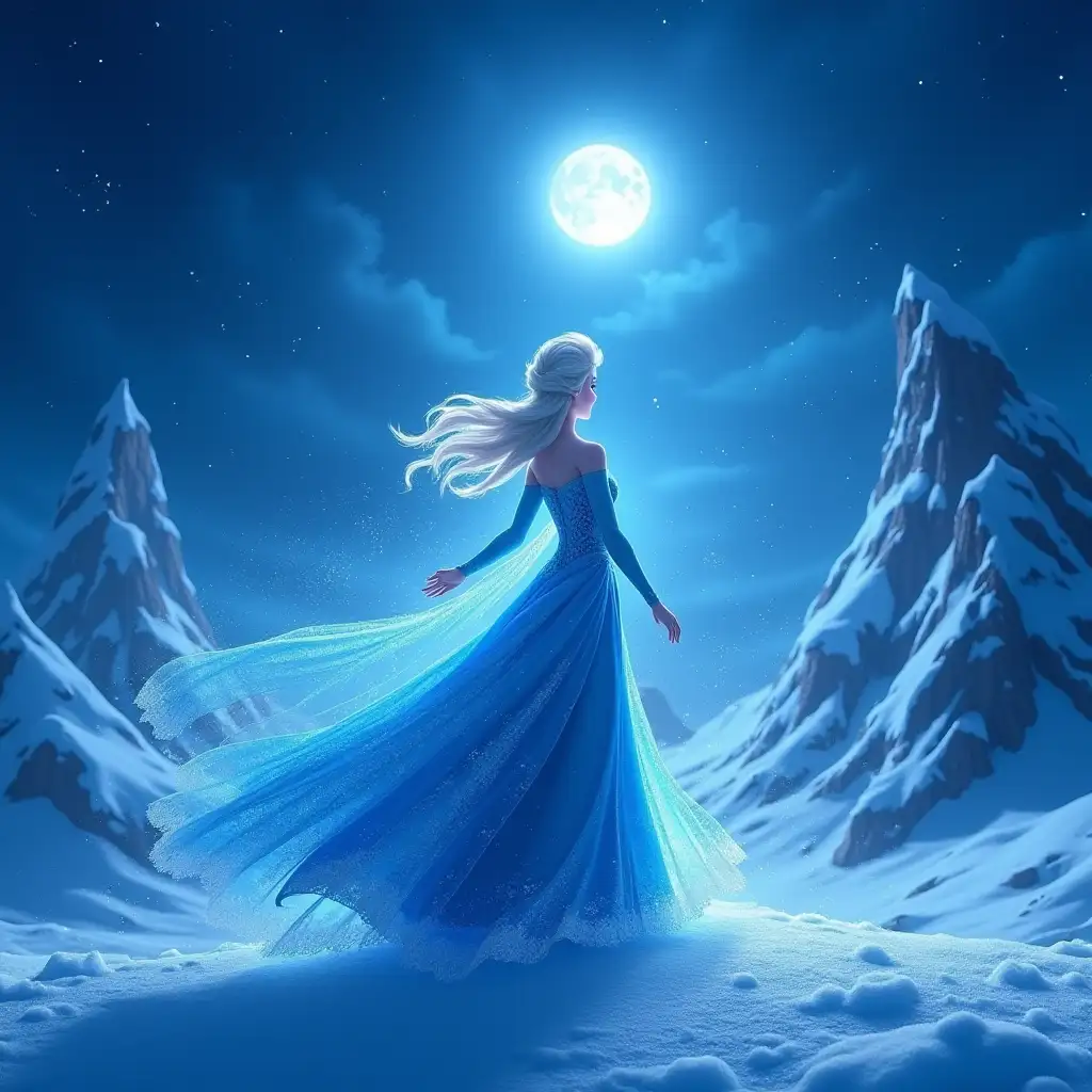 In the animated world of Frozen, Elsa stands at the peak of the North Mountain, summoning a swirling blizzard around her. Her signature ice-blue gown flows in the wind, and her platinum-blonde braid glistens with frost. Snowflakes dance around her as jagged ice formations reflect the moonlight, creating a breathtaking winter spectacle.