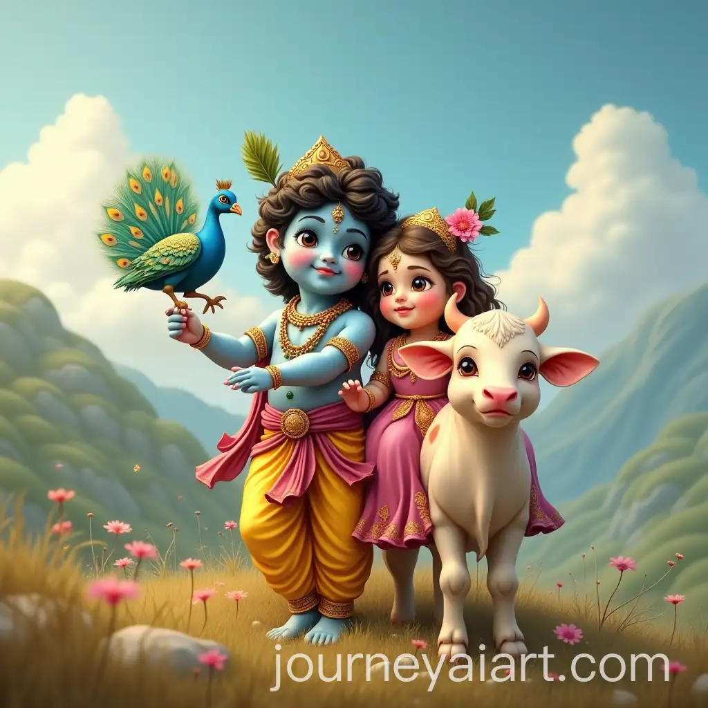 Mother-Cow-and-Calf-with-Radha-Krishna-on-Goverdhan-Mountain