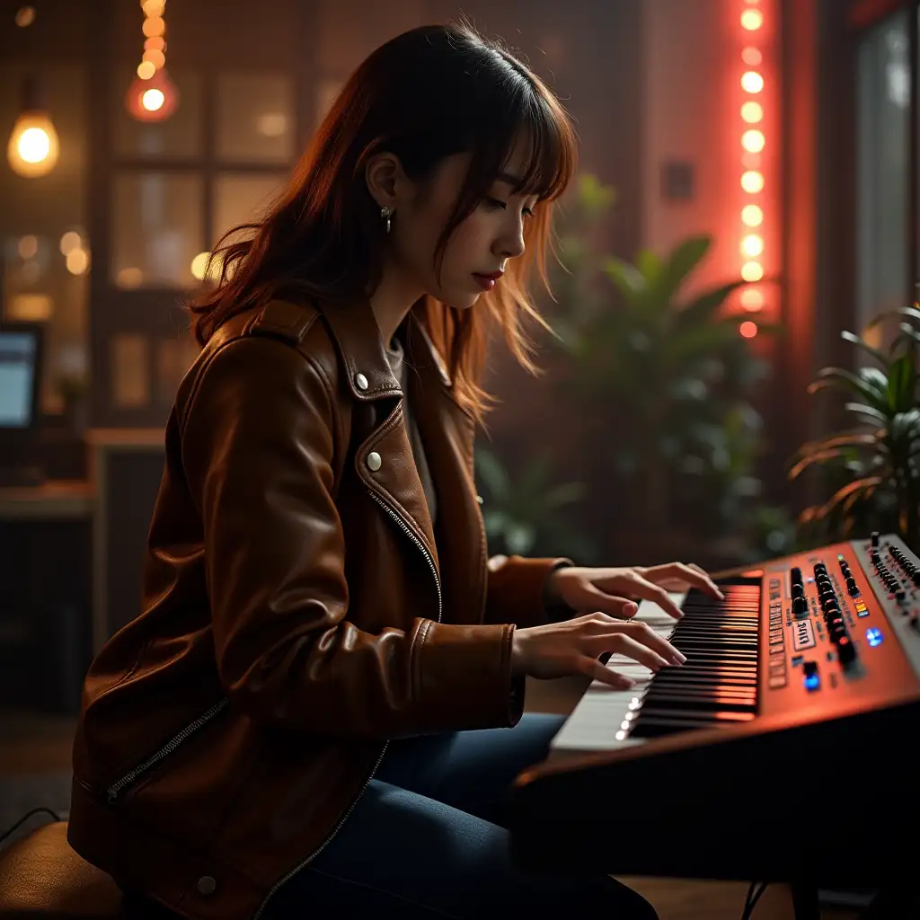 A beautiful girl in a leather coat plays on synthesizer