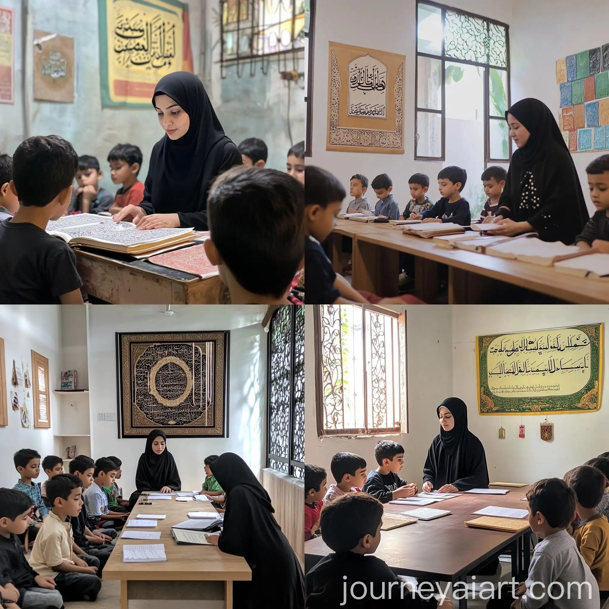 Islamic-Quran-Teacher-Teaching-Hijaiyah-Letters-to-Boys-and-Girls-with-Calligraphy-in-Quran-House