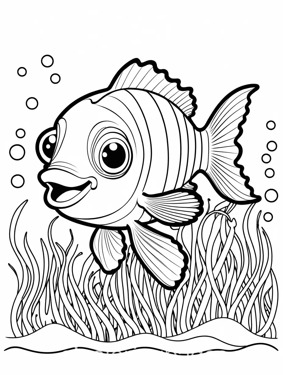 chibi style of a cute little blue clownfish in the ocean with white background , Coloring Page, black and white, line art, white background, Simplicity, Ample White Space. The background of the coloring page is plain white to make it easy for young children to color within the lines. The outlines of all the subjects are easy to distinguish, making it simple for kids to color without too much difficulty