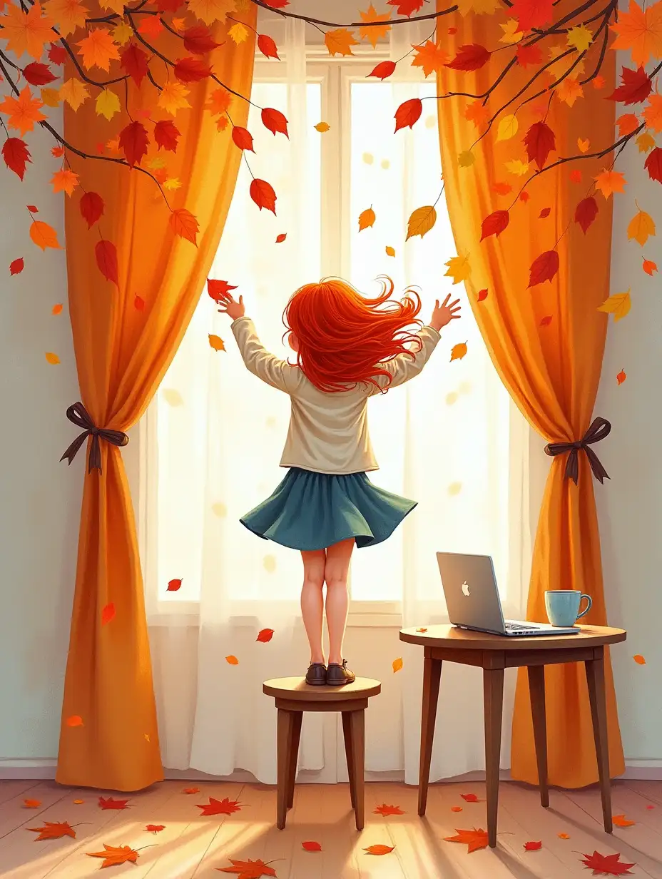 watercolor, acrylic, random pose. illustration, a young red-haired girl hangs autumn colorful leaves on the curtains, standing on a stool, the wind blows the leaves, next to a table with a laptop inspiration Mary Hallock Foote, style by Nadya Rusheva, editorial illustration