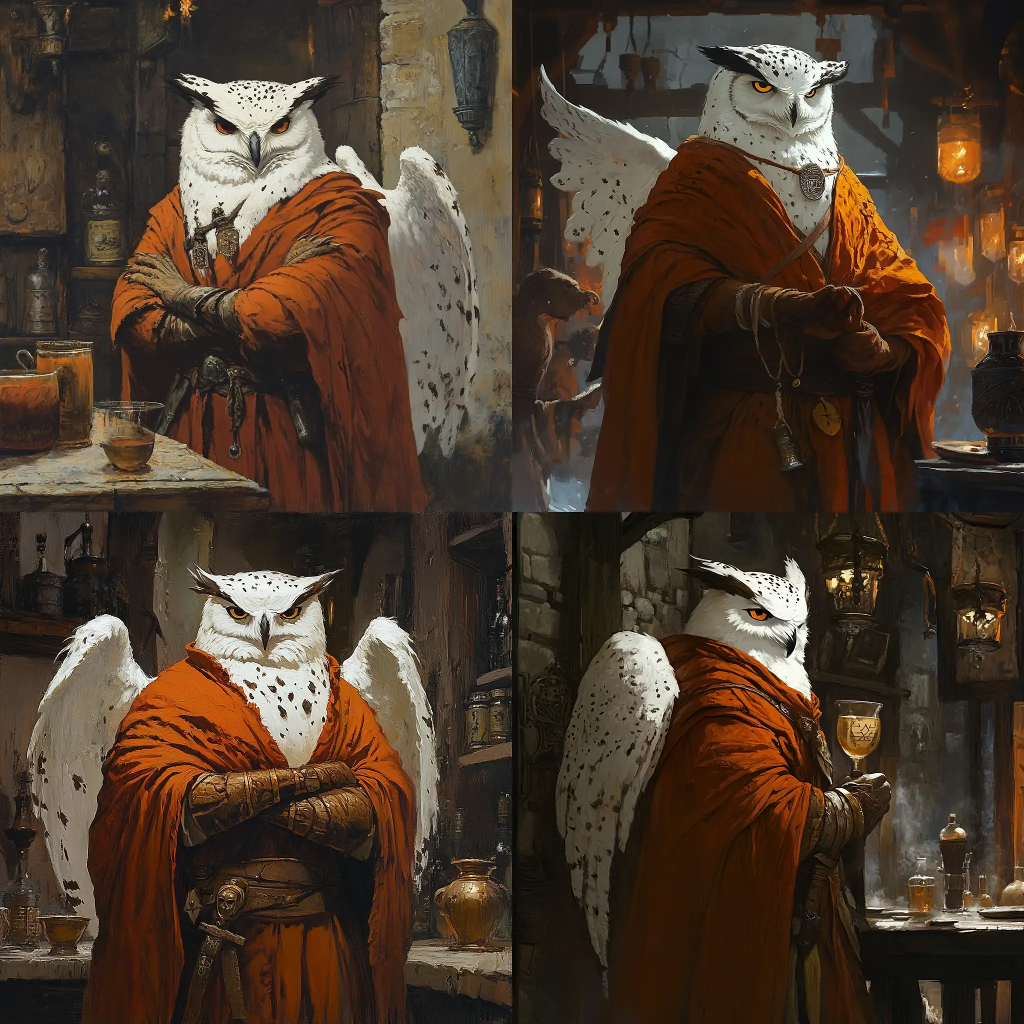 White-Snow-Owl-with-Black-Spots-in-a-Tavern-Setting