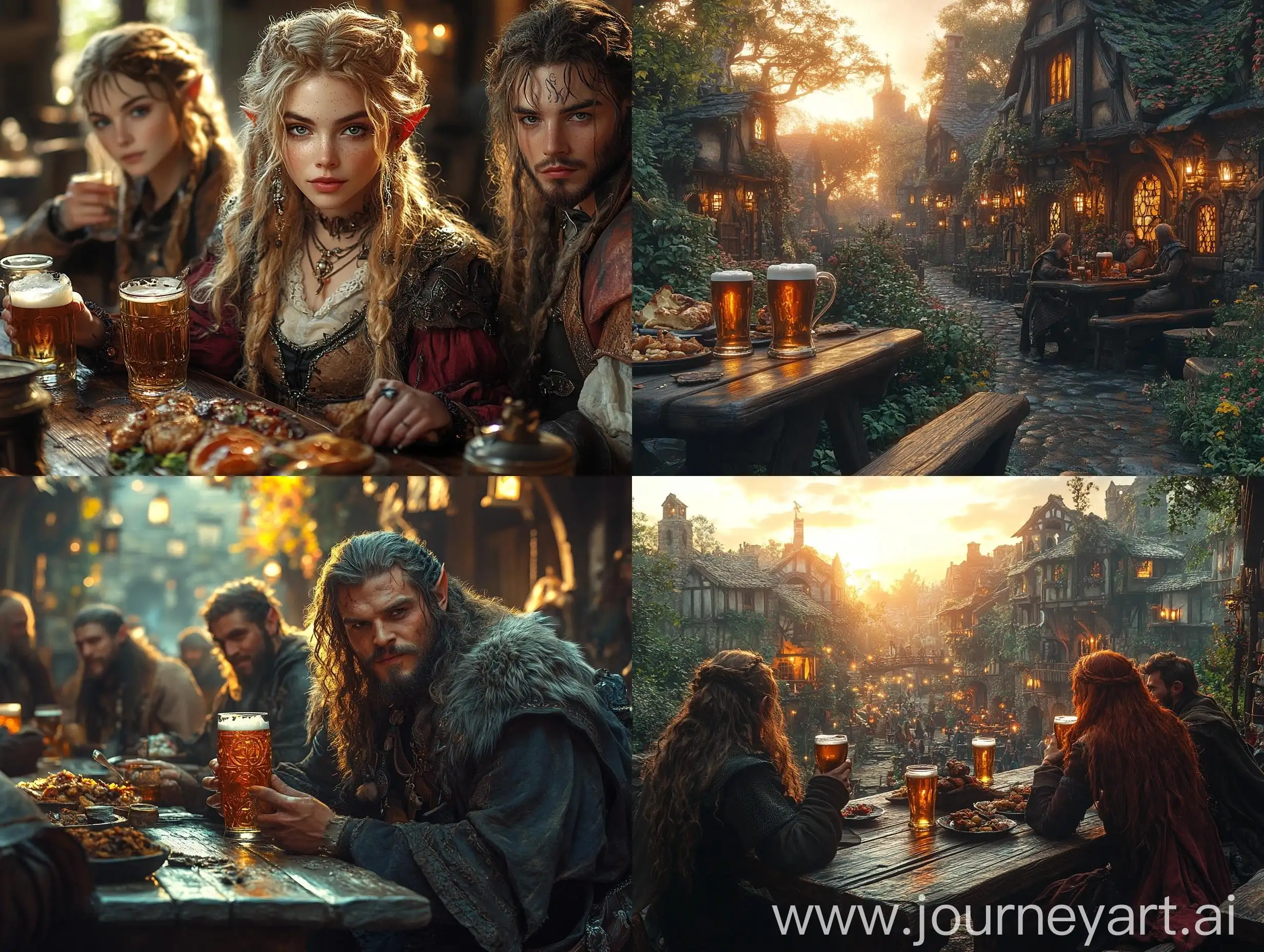 Powerful-Magical-Elves-Enjoying-Beer-and-Feast-at-Sunset-in-Cozy-Medieval-City