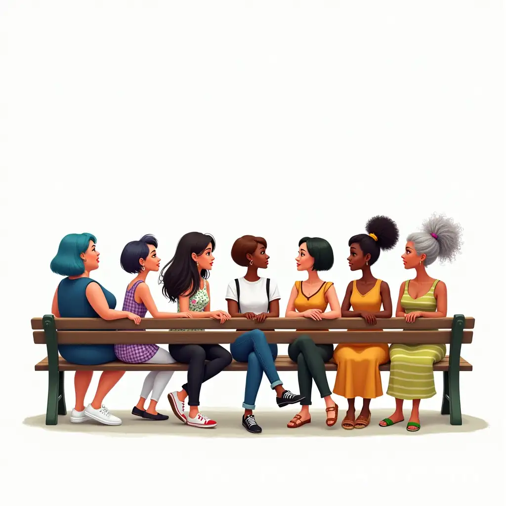 GroupAI-Image-Expansion-of-Six-Women-Talking-on-Park-Bench-Caricature-Style