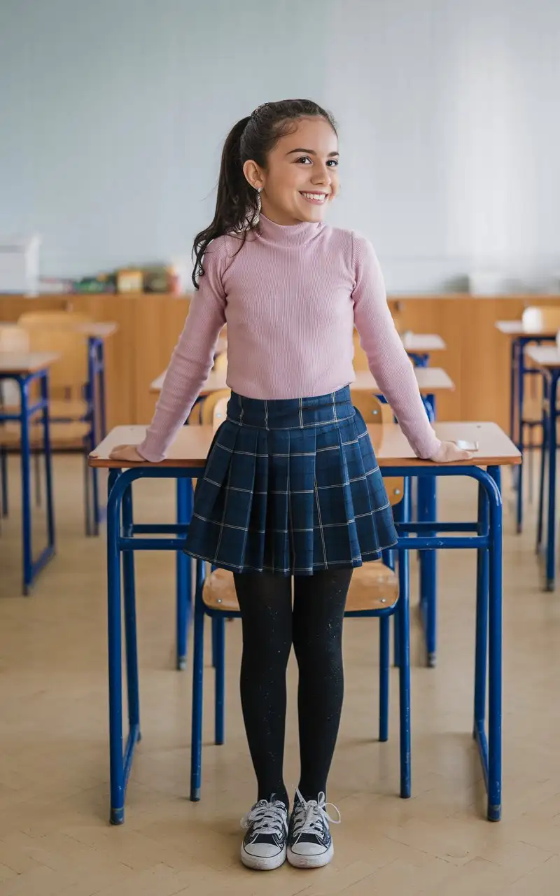 Turkish-Girl-in-Classroom-with-Pink-Sweater-and-Blue-Plaid-Skirt