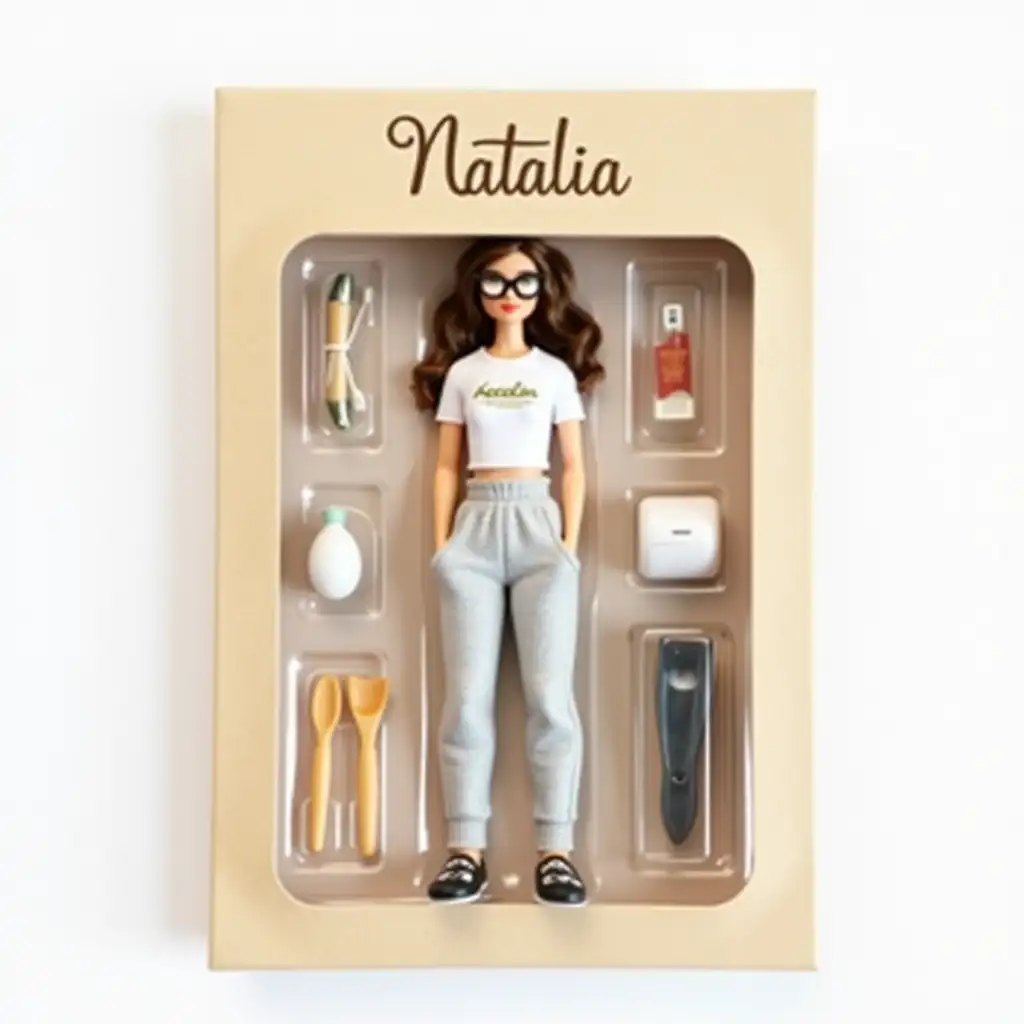 Figure: Inside a blister pack is a carefully made figurine of a girl in a position similar to the photo: one hand in her pocket, the other free (or holding a phone accessory), relaxed pose. Clothing - a white t-shirt with print and light gray sweatpants, slippers with an animalistic pattern on them. Protective stylish glasses have been added to the face (like for beauty procedures). Accessories: Miniature accessories are compactly arranged around the figurine: - Laser hair removal device - Electroepilator - Wax warmer - Pair of wooden spatulas and gloves (folded or mini) All items are fixed in separate compartments of the blister pack. Packaging: - The base is a beige cardboard with a soft texture. - On the top part, 'Natalia' is written in a rich brown color with an elegant olive border, font modern and concise. - In front of the blister pack, there is a transparent plastic through which all details are clearly visible. - The background is clean, white or light beige.