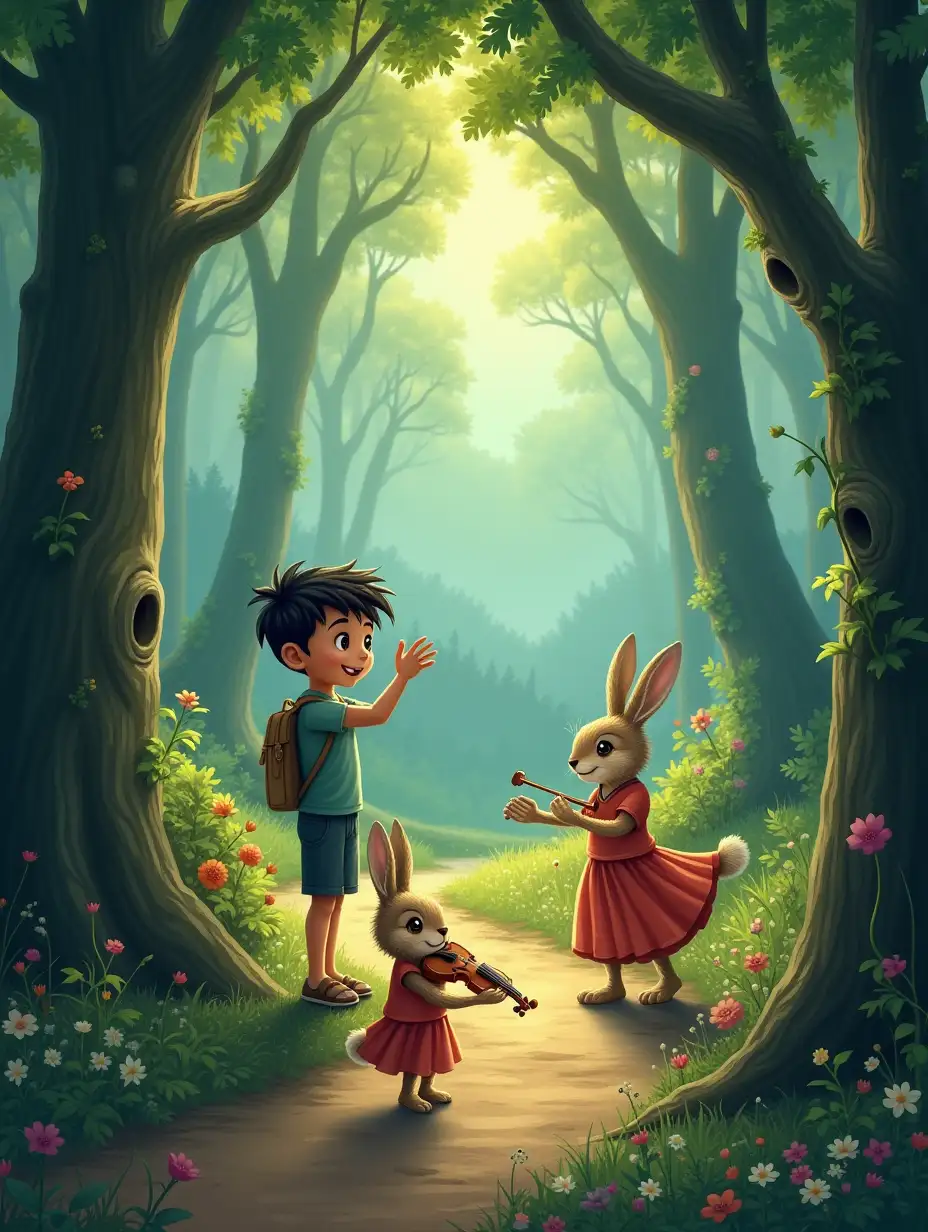 Once upon a time, in a small village surrounded by hills, lived a little boy named Aryan and his sister, Aanya. One bright morning, they discovered a mysterious map hidden under their bed. It showed the way to a magical forest where trees could talk, and animals could sing! Excited, Aryan and Aanya packed some snacks and set out on the adventure. As they entered the forest, they met a talking parrot named Mitthu. “Welcome, dear friends! Follow me, and I’ll show you the wonders of our forest,” Mitthu chirped. They walked past sparkling streams, glowing flowers, and trees that swayed as if they were dancing. Suddenly, they heard a soft melody. It was a group of rabbits playing tiny violins. Aryan and Aanya clapped with joy. “Do you like our music?” asked the head rabbit. “We love it!” replied Aanya. The rabbits invited them to join the forest’s grand festival, where all animals gathered to celebrate. During the festival, Aryan and Aanya played games, danced, and ate delicious forest fruits. As the day ended, Mitthu flew them back to the village, promising to visit again. From that day on, Aryan and Aanya often dreamt about their magical friends and the beautiful forest, hoping to return soon.