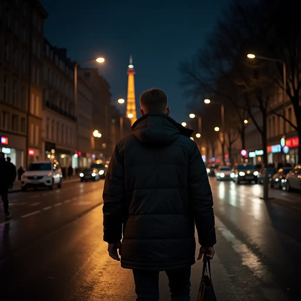 A MAN IS WALKING IN PARIS AT NIGHT