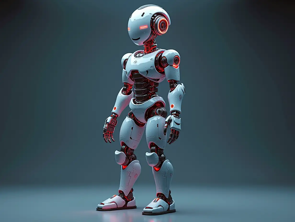 Create a high-resolution, realistic image of an artificial intelligence Fractal colored humanoid robot, on the photo studio floor with a 4-k resolution.