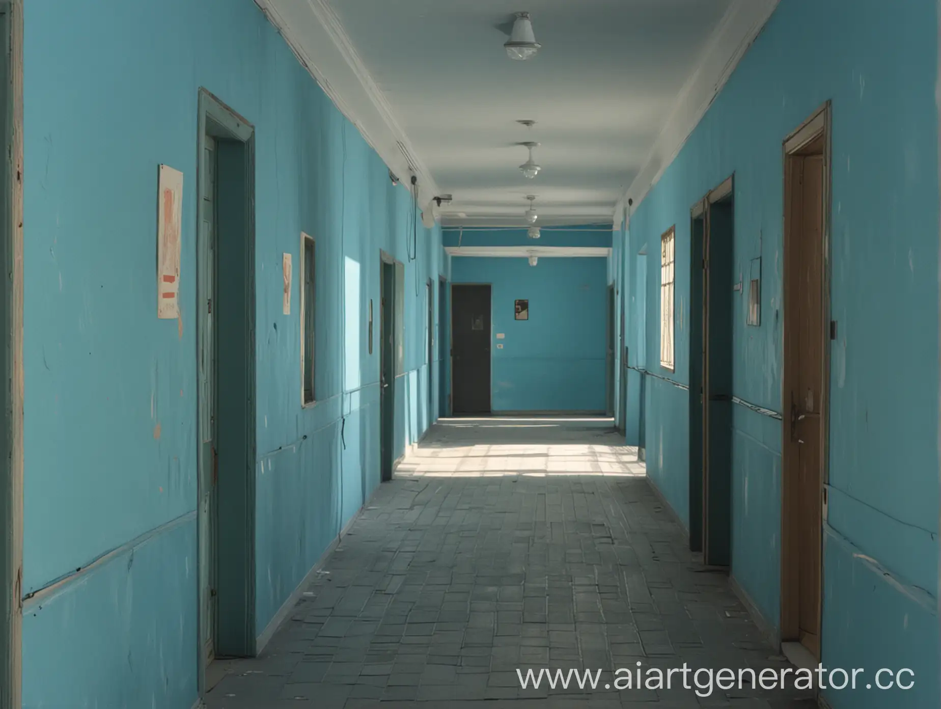 old ussr russian school hallway blue walls sunny anime style
