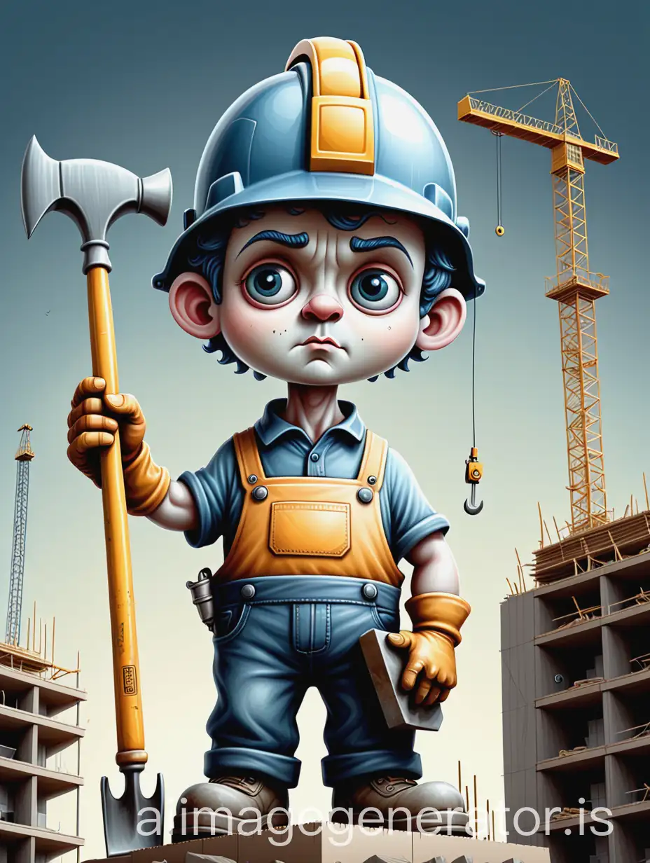 A magical illustration in a careless naive style, stylized fictional creatures-builders on a large construction site are some kind of incomprehensible statue of a large builder in a construction helmet and holding a construction tool in his hand high above his head, clear contours, high contrast, vector graphics, in the style of Mark Ryden