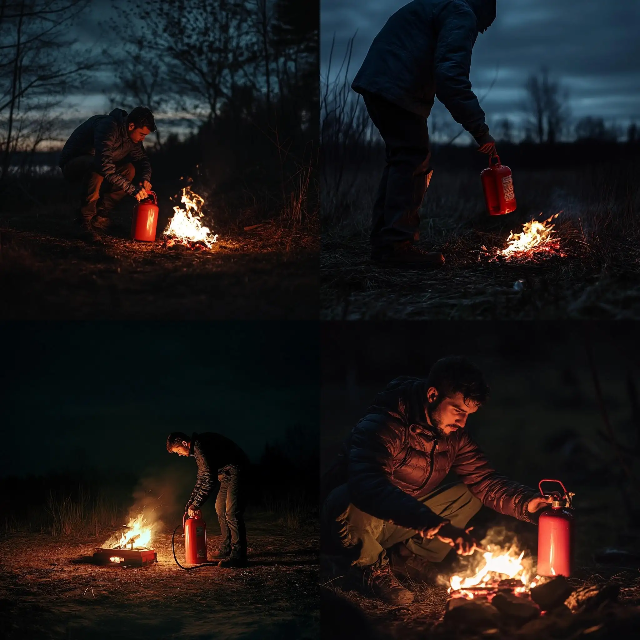 Man-Refilling-Gas-with-Red-Gas-Can-Near-Campfire-at-Night