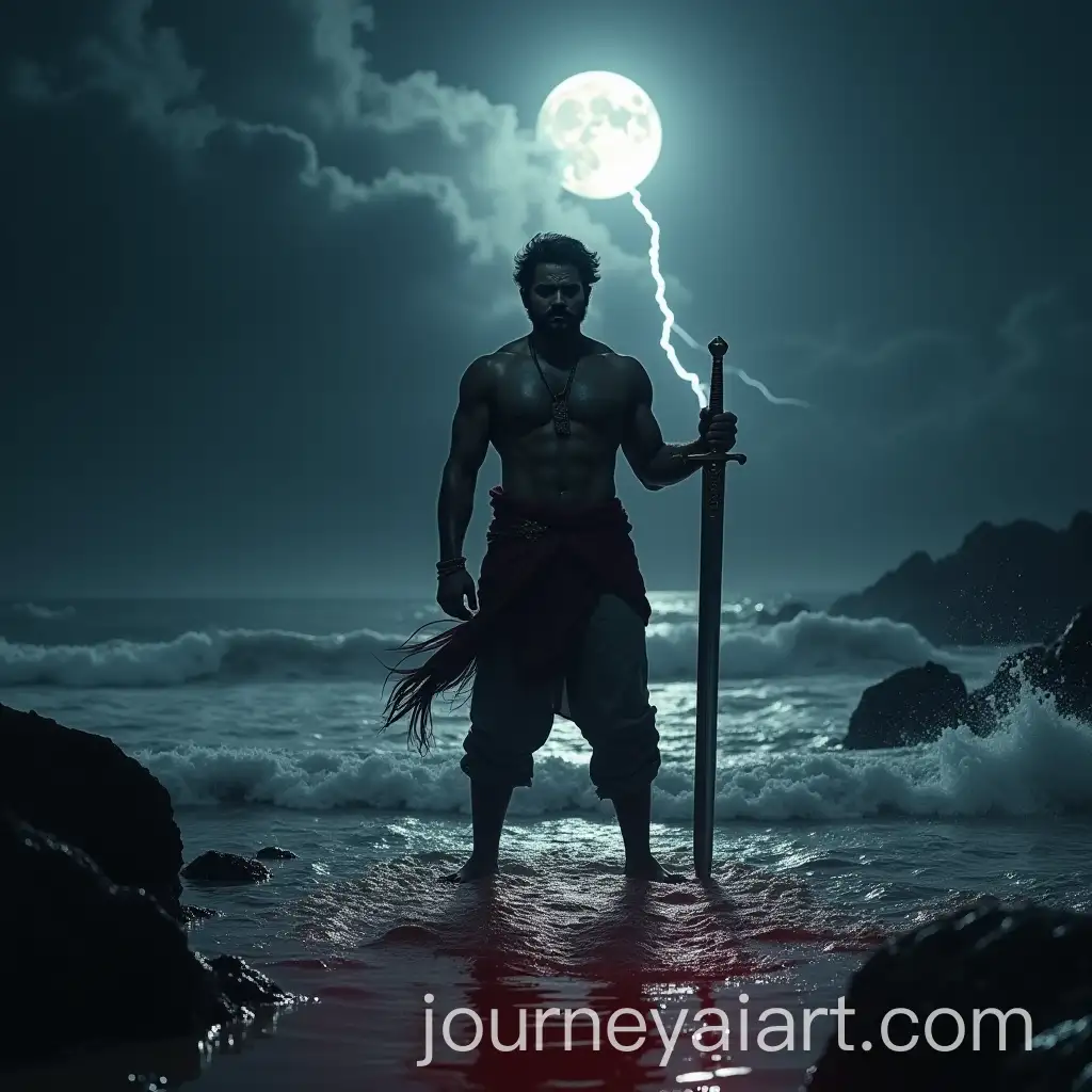 Fearless-Warrior-Standing-Alone-with-Sword-on-Beach-at-Night