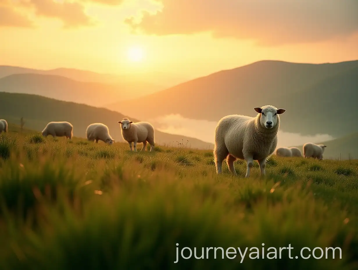 Grazing-Sheep-in-a-Serene-Green-Valley-at-Sunrise