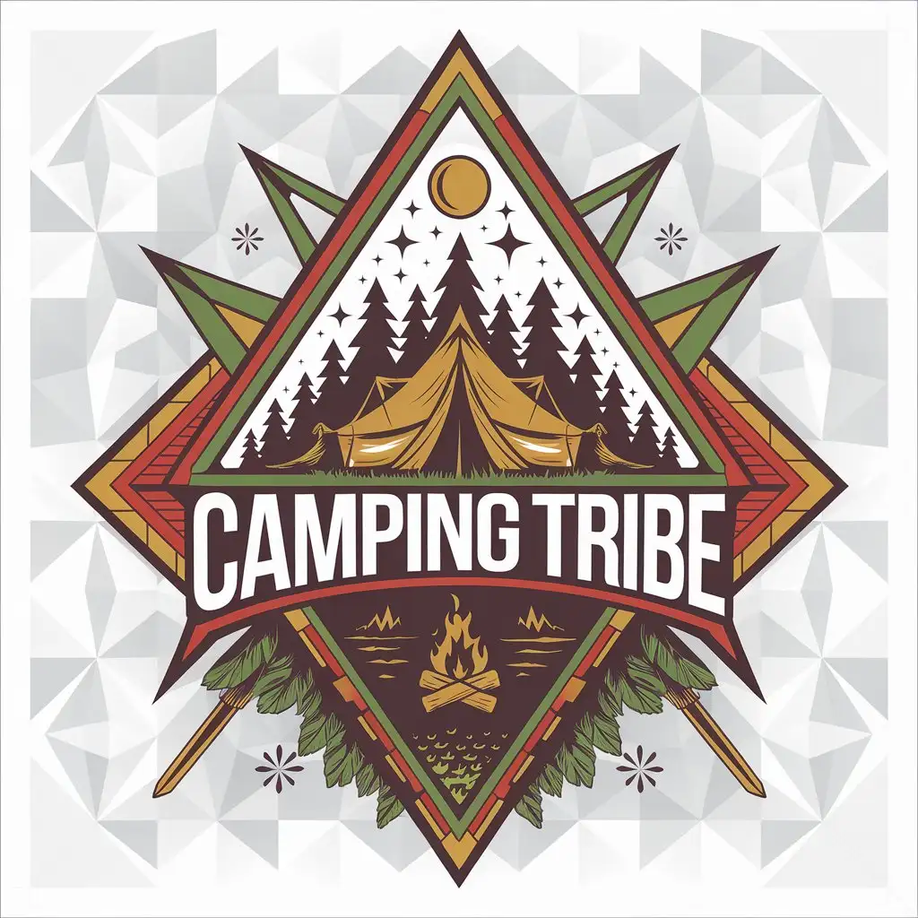 LOGO Design for Camping Tribe Psychedelic Geometric with Tent Campfire Forest Mountain and Full Moon Elements