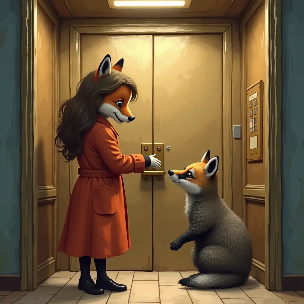 Fox and badjer are in a lift but are to small to reach the buttons. A young woman presses the lift button to take a fox and a badger to the top floor to see the young womant aunt to talk about human and animal rights