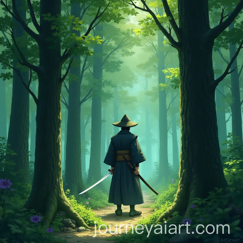 Zenitsu-Agatsuma-Standing-in-Enchanted-Forest-with-Katana