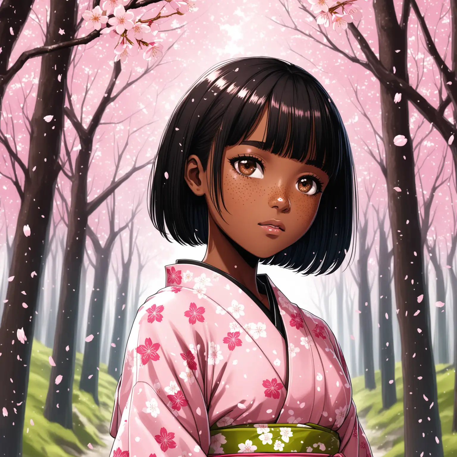 Black Teenage Girl in Cherry Blossom Kimono Amidst Blossoming Trees