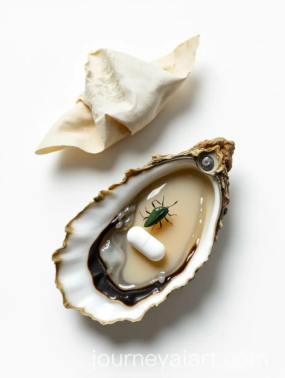 Realistic-Still-Life-of-Open-Oyster-with-Medicine-and-Green-Insect
