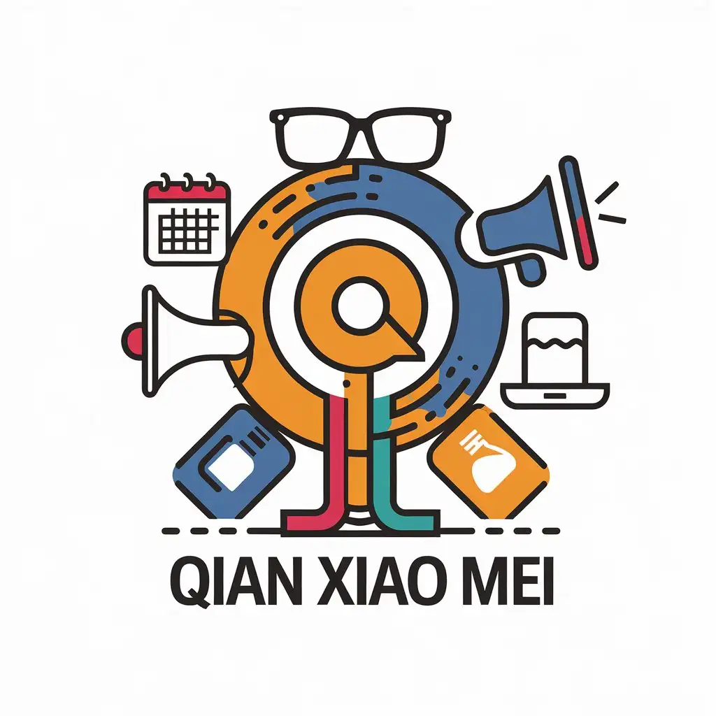 LOGO-Design-for-Qian-Xiao-Mei-TechInspired-with-Glasses-Calendar-HighSpeed-Rail-Megaphone-Water-Cup-and-Computer