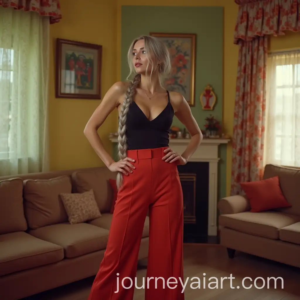 Carefree-Caucasian-Woman-in-Colorful-60s-Apartment-with-Braided-Silver-Hair