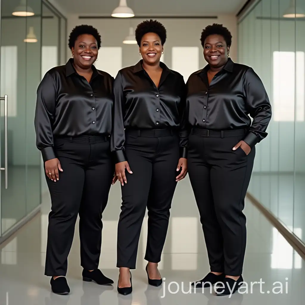 Three-MiddleAged-FullFigured-Black-Women-in-Black-Satin-Shirts-and-Sheer-Black-Tights-in-Empty-Office