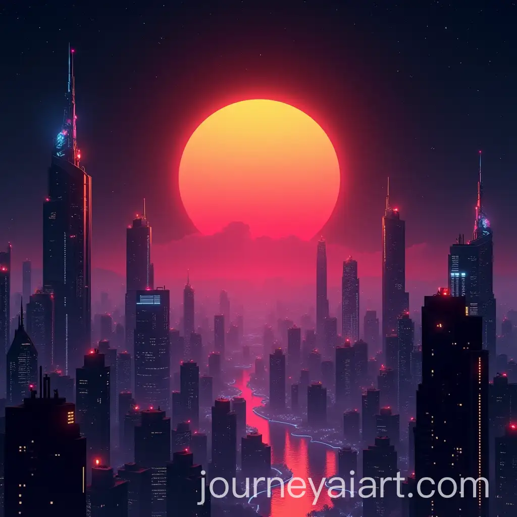 Cyberpunk-Cityscape-with-GlAI-Image-Prompt-Expansionowing-Orange-Sun-and-Neon-Skyscrapers