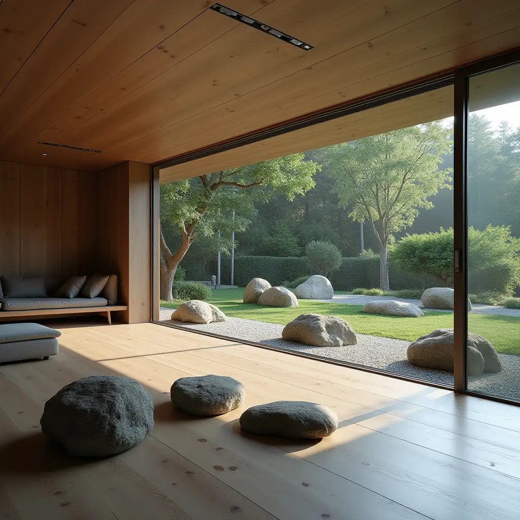 Large modern living room with Zen garden with carefully tended rocks, a meditative 180 degree shot in 8K resolution