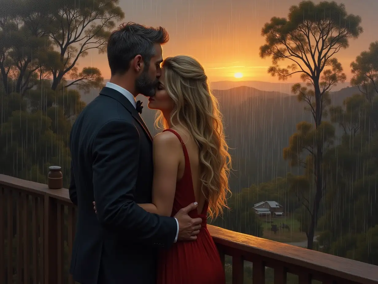 An oil painting man with a grey tidy beard and beautiful woman with long blonde hair formal clothes, sun set, both are looking from the balcony of a house in the Australian bush, its raining but both are in a loving embrace, both dressed in typical formal clothing for 2025. The background is an chalet and a forest with a kangaroo with a story night dark gray, creating an atmosphere of mystery and elegance