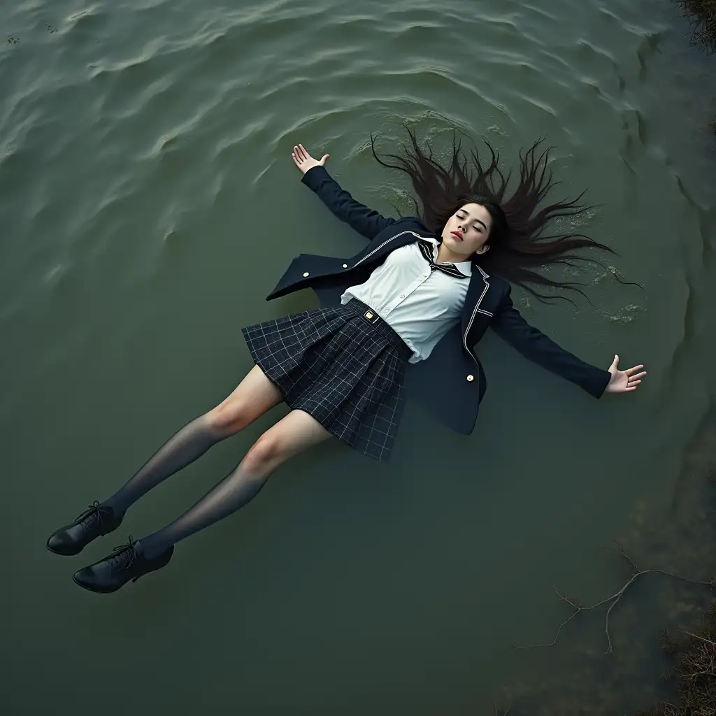 A schoolgirl in a school uniform, with a skirt, jacket, blouse, dark tights, high-heeled shoes. Swims in a dirty pond, body submerged underwater, completely wet clothes stick to the body, lies on her back.