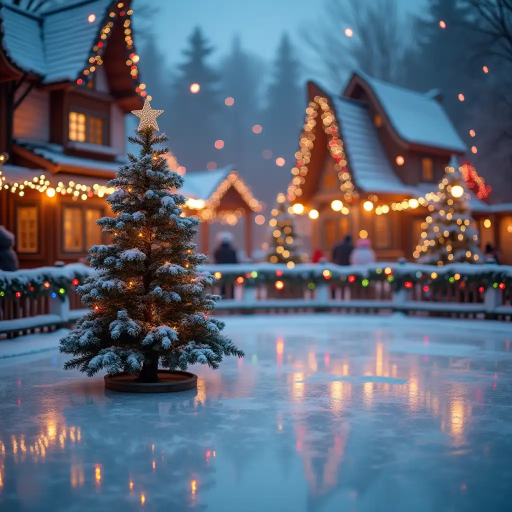 Ice rink with a Christmas tree in a fairy tale village with multicolored garlands, surrounded by a decorated fence, blurred background