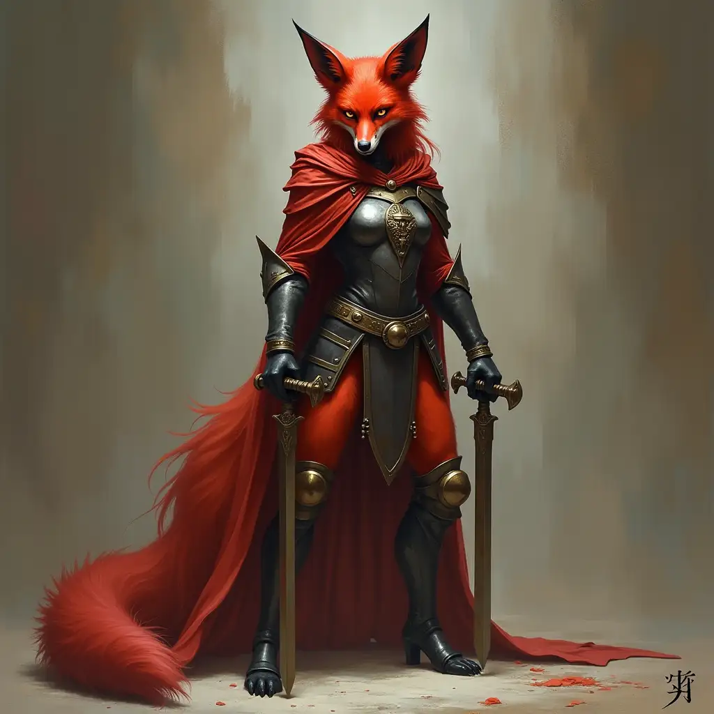 a realistic red-furred female fox knight demon standing full height on the floor with two daggers in its paws