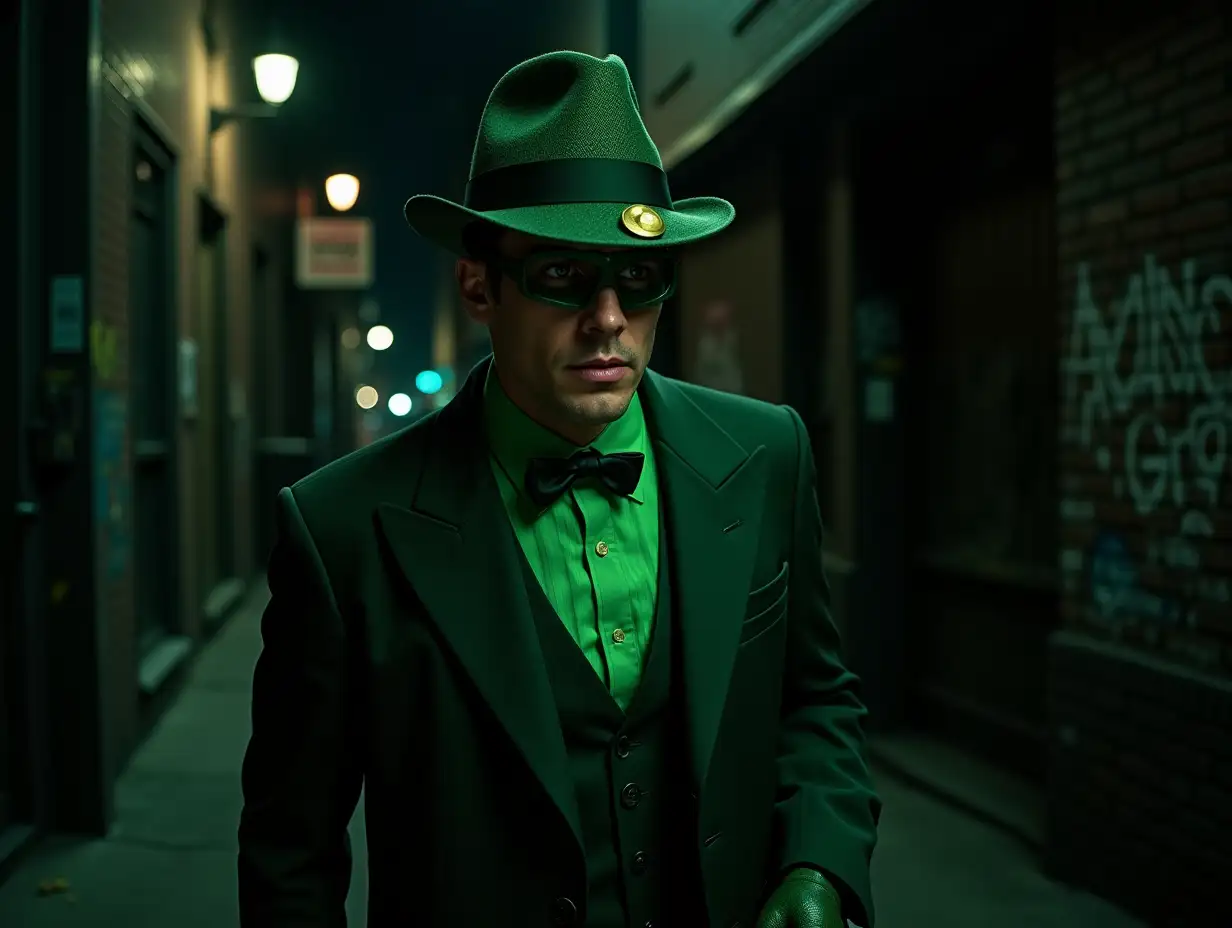 A 16k image of the Green Hornet, wearing a green and green suit, a green bowtie, a green cap, and a green mask with a lantern. He is walking down the streets of New York City at night. The background is a dark alleyway with graffiti-covered walls.