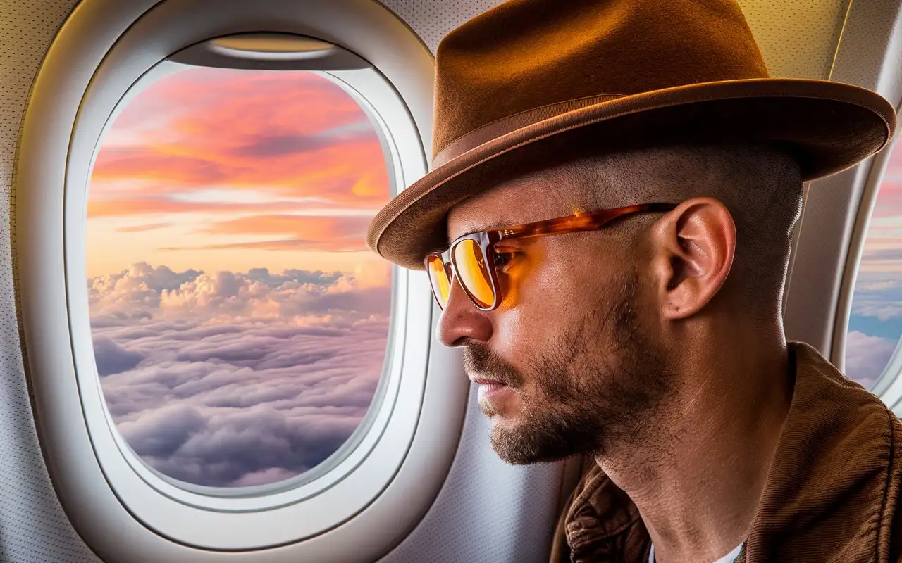 Paul Walker Admiring Sunset from Airplane Window in OrangePink Sky