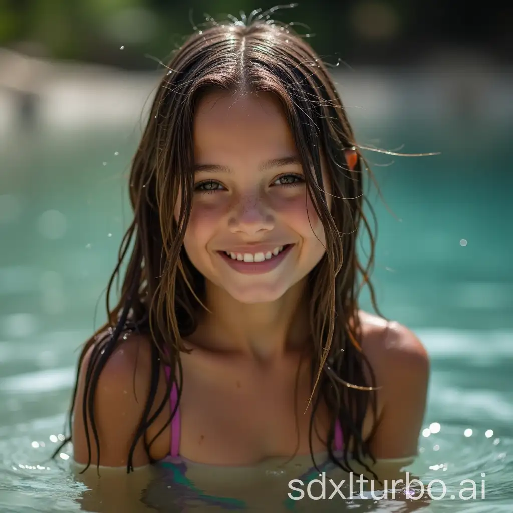 wet 7YearOld girl long brown hair in water