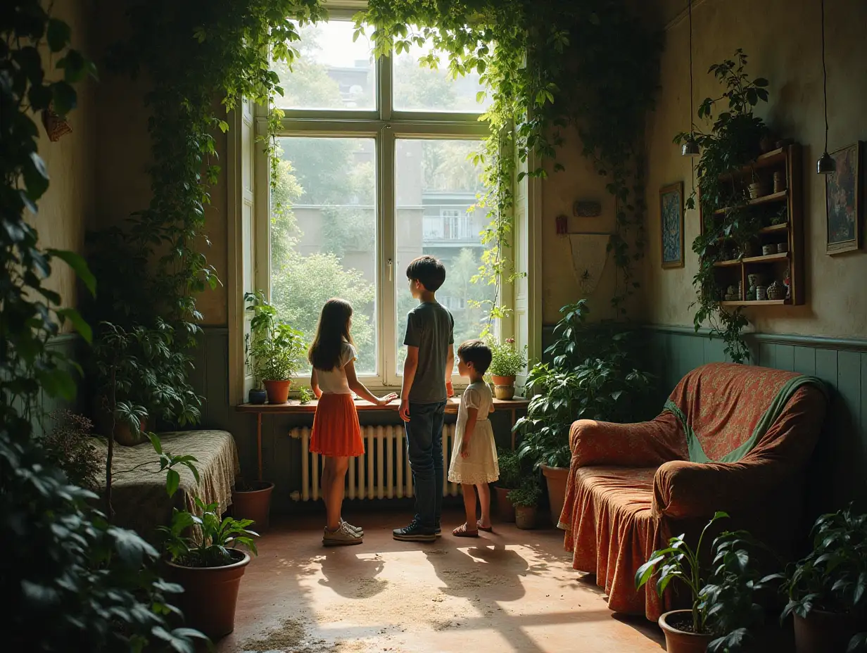 a garden apartment covered with creeping plants having a clayey floor and overlooking the street inside it a 16-year-old tall girl wearing trousers, her posture is high and she is beautiful and a 13-year-old tall handsome boy with black hair and a 5-year-old beautiful girl with high posture