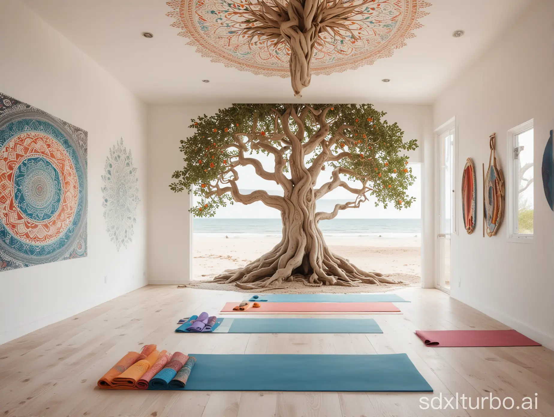 Stylish-Yoga-Studio-with-Tree-Painting-and-Nordic-Atmosphere